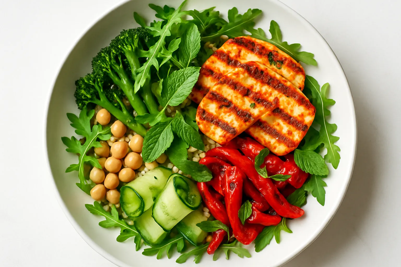 Harissa halloumi and chickpea bowl with roasted peppers and tenderstem broccoli